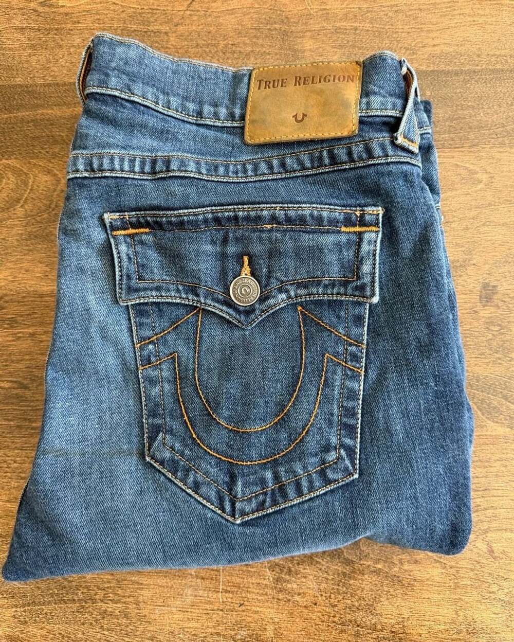 True Religion Jeans Size 38 Blue Denim Flap Pocket Straight